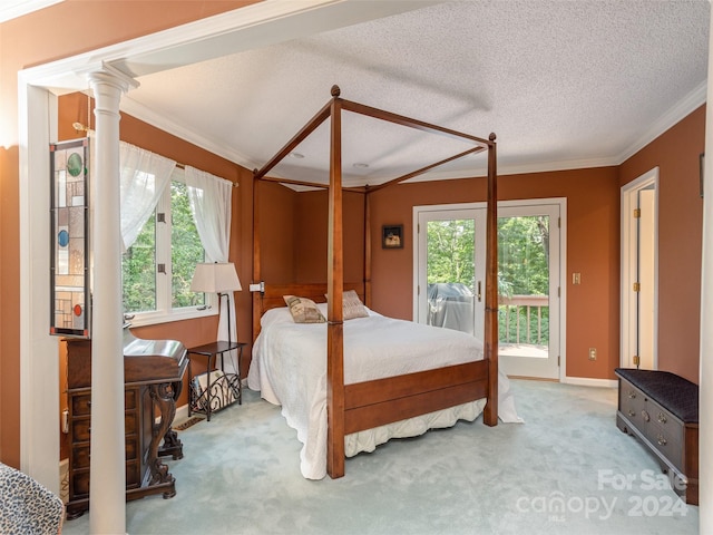 bedroom with access to outside, crown molding, and light colored carpet