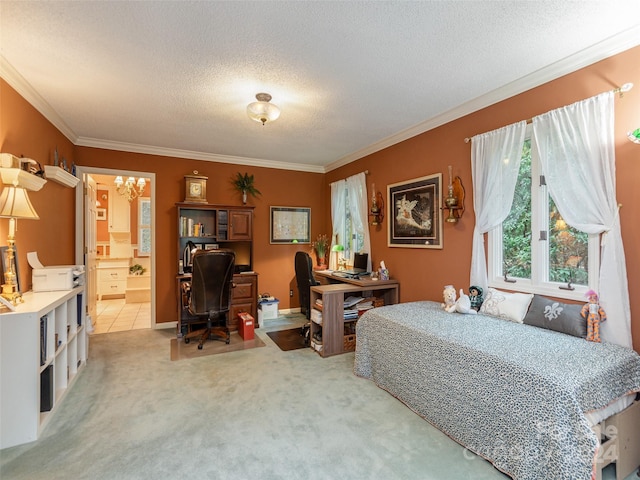 bedroom featuring carpet flooring, connected bathroom, crown molding, and a chandelier