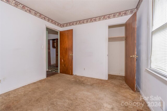 unfurnished bedroom featuring carpet, a closet, and multiple windows