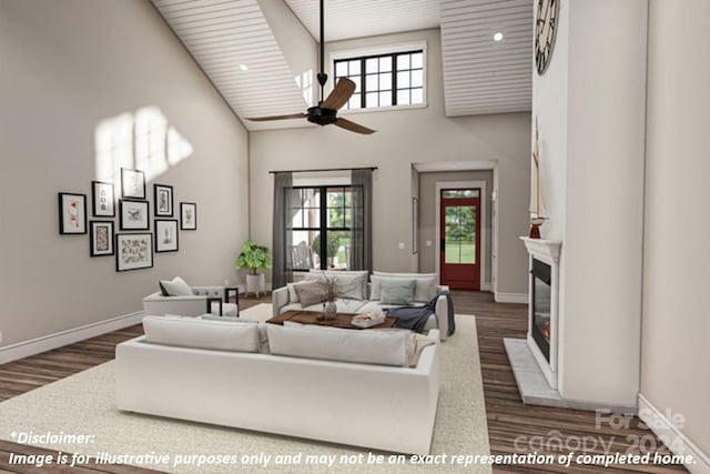 living room with ceiling fan, dark hardwood / wood-style floors, and high vaulted ceiling