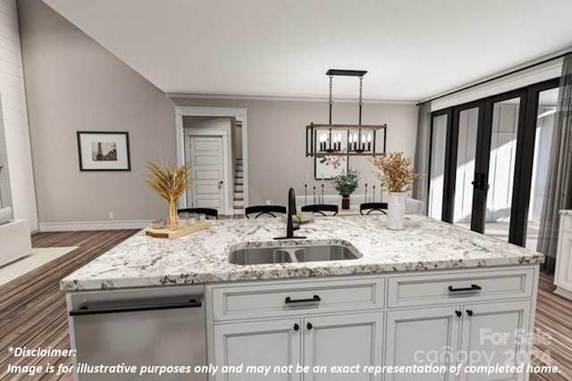 kitchen with dishwasher, pendant lighting, white cabinets, light stone counters, and sink