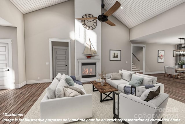 living room with ceiling fan, high vaulted ceiling, and hardwood / wood-style flooring