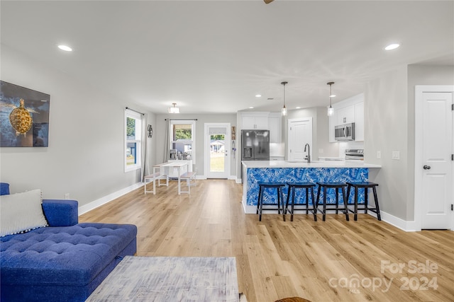 living room featuring light hardwood / wood-style floors and sink