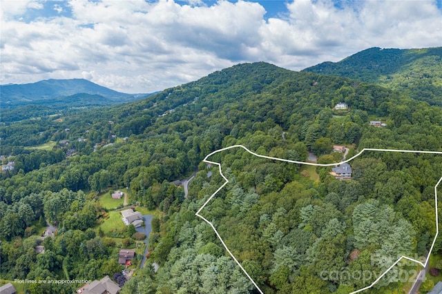 drone / aerial view featuring a mountain view and a wooded view