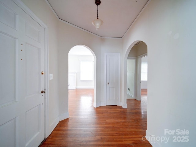 corridor with crown molding and wood-type flooring