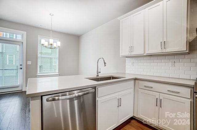 kitchen featuring white cabinets, sink, stainless steel dishwasher, tasteful backsplash, and kitchen peninsula