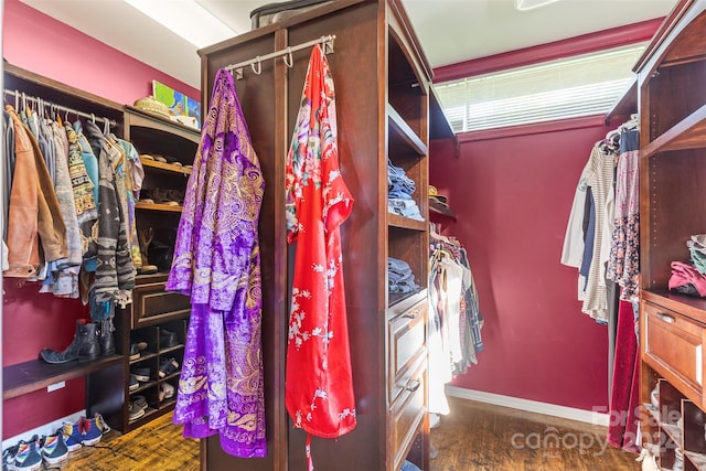 spacious closet with dark hardwood / wood-style floors