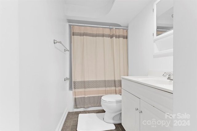 full bathroom with tile patterned flooring, toilet, vanity, and shower / tub combo with curtain