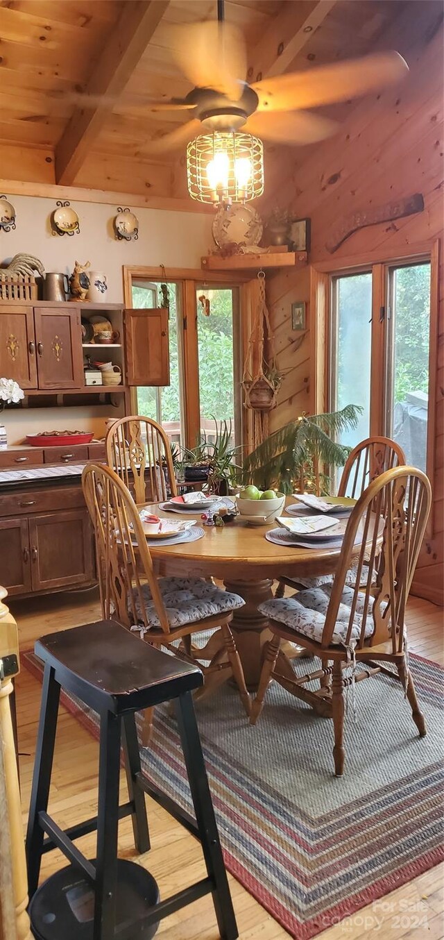 dining room featuring beam ceiling, light wood-type flooring, wooden ceiling, and wooden walls