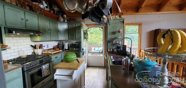 kitchen featuring green cabinetry, sink, decorative backsplash, appliances with stainless steel finishes, and light hardwood / wood-style floors