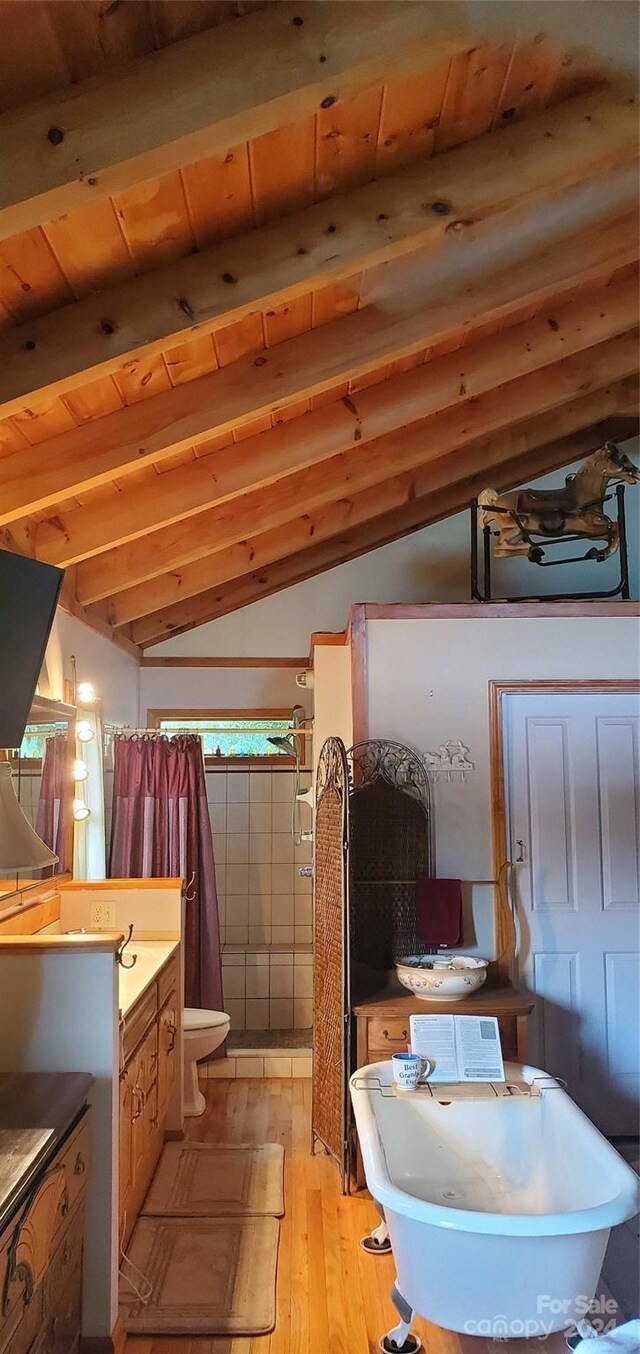 full bathroom with vanity, wooden ceiling, separate shower and tub, hardwood / wood-style floors, and lofted ceiling with beams