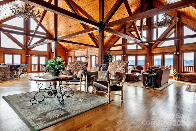 living room with hardwood / wood-style floors, beam ceiling, wood ceiling, and high vaulted ceiling