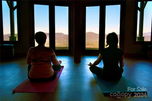 interior space with a mountain view