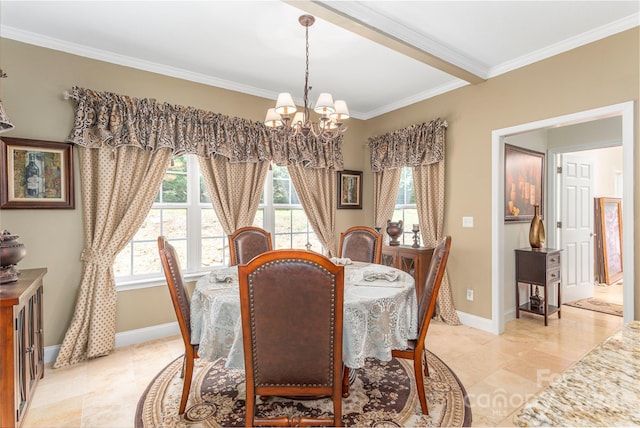 dining room with an inviting chandelier and ornamental molding