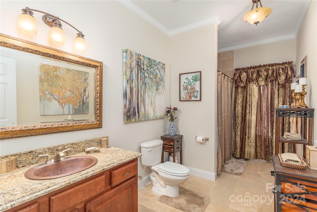 bathroom with curtained shower, tile patterned flooring, toilet, vanity, and crown molding