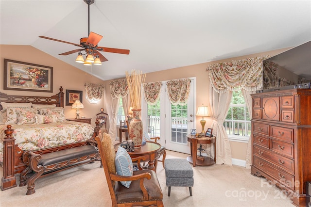 bedroom with carpet, ceiling fan, french doors, access to outside, and lofted ceiling