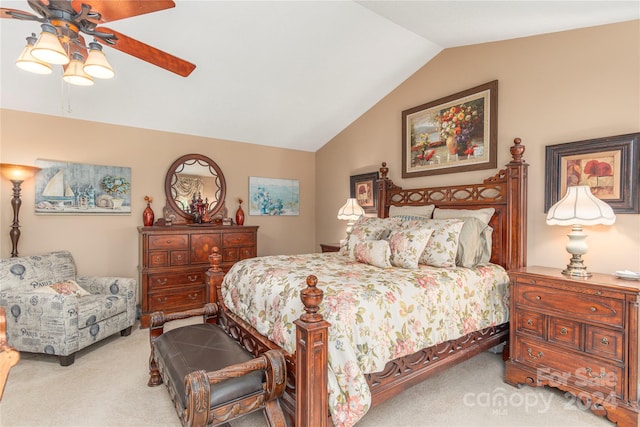 bedroom featuring ceiling fan, light carpet, and lofted ceiling