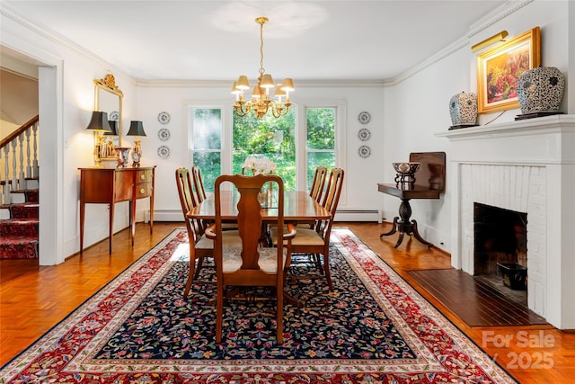 dining room featuring a baseboard radiator, parquet floors, and crown molding