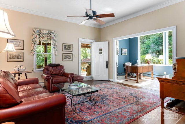 living room with ornamental molding, a wealth of natural light, and ceiling fan