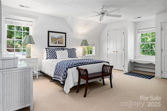 carpeted bedroom featuring a closet, a textured ceiling, multiple windows, and a baseboard heating unit