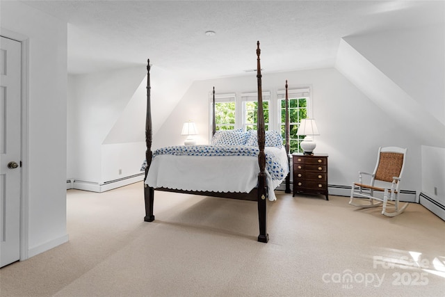 bedroom featuring baseboard heating, light colored carpet, vaulted ceiling, and a textured ceiling