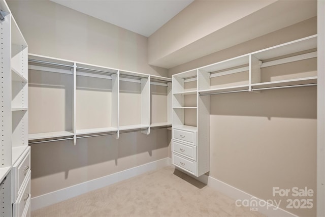 walk in closet featuring light carpet