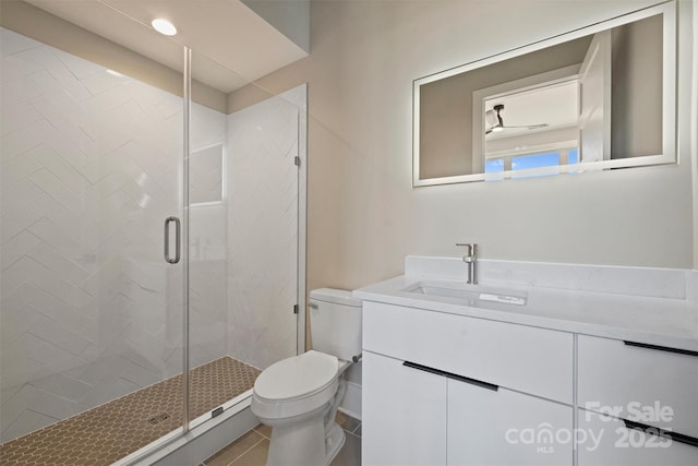 bathroom featuring an enclosed shower, vanity, toilet, and tile patterned flooring