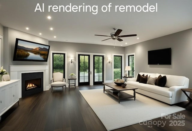 living room featuring french doors, ceiling fan, and dark hardwood / wood-style floors