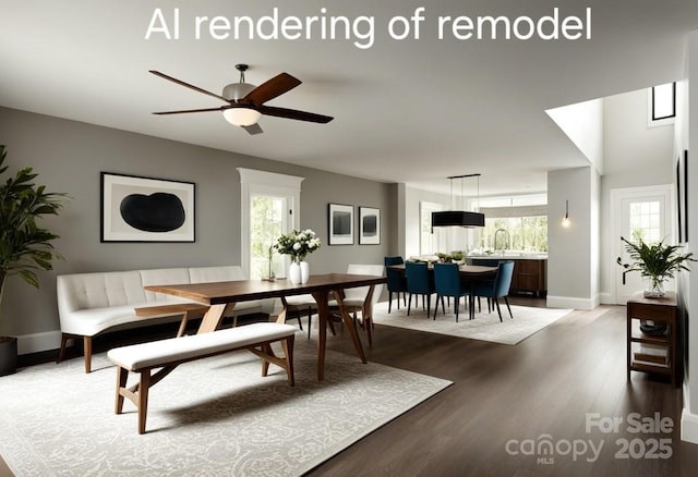 dining space featuring ceiling fan, dark hardwood / wood-style floors, and sink