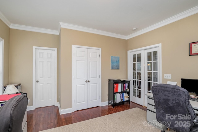 office with french doors, ornamental molding, and dark hardwood / wood-style flooring