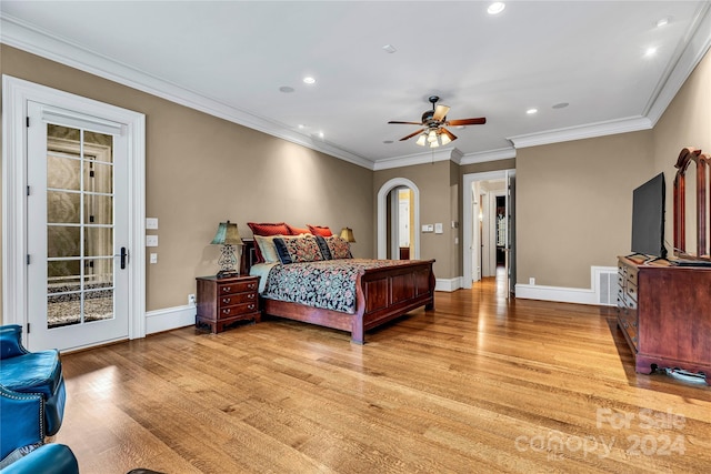 bedroom with light wood-type flooring, ceiling fan, access to exterior, and crown molding