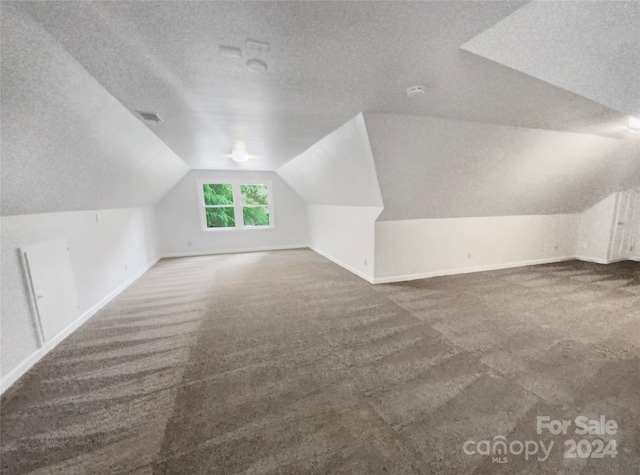 additional living space with dark carpet, lofted ceiling, and a textured ceiling