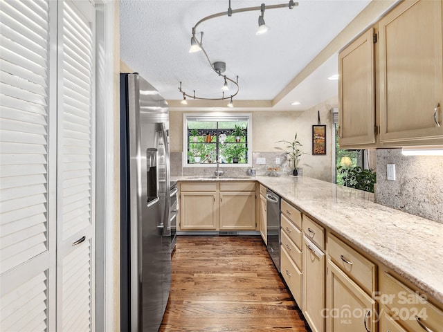 kitchen with dark hardwood / wood-style floors, decorative backsplash, light brown cabinetry, and appliances with stainless steel finishes