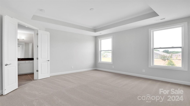 unfurnished bedroom with carpet floors, a tray ceiling, and crown molding