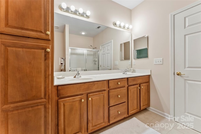 bathroom featuring tile patterned flooring, vanity, and walk in shower