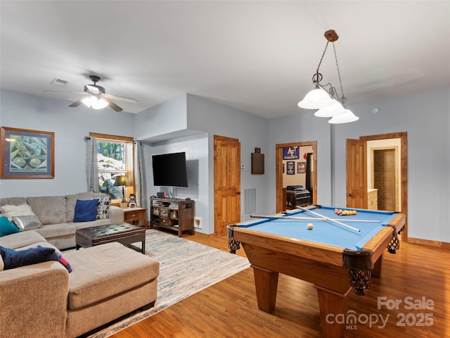 playroom with ceiling fan, light hardwood / wood-style floors, and pool table