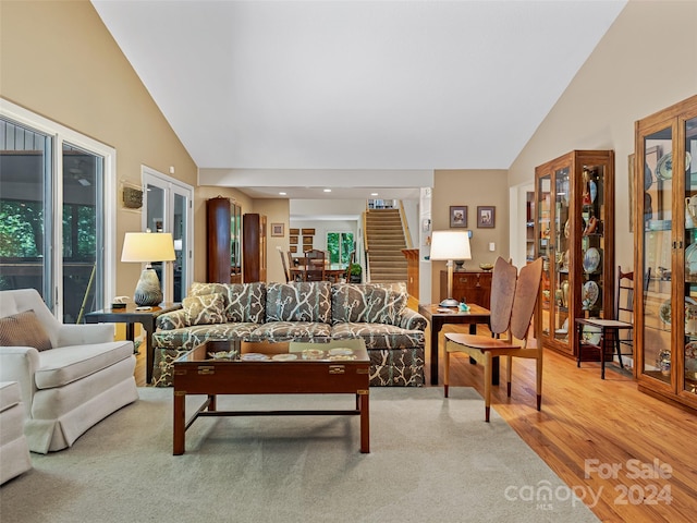 living room with light hardwood / wood-style flooring and high vaulted ceiling