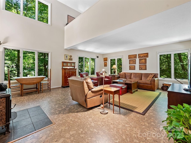 living room featuring a towering ceiling