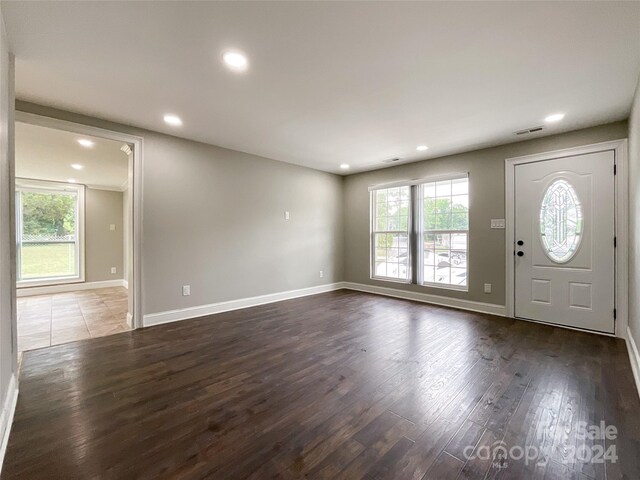 entryway with plenty of natural light and dark hardwood / wood-style flooring