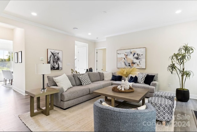 living room featuring ornamental molding and hardwood / wood-style floors