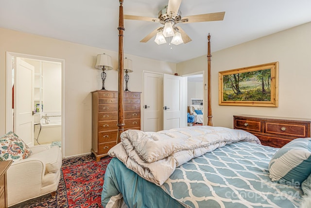 carpeted bedroom with connected bathroom and ceiling fan