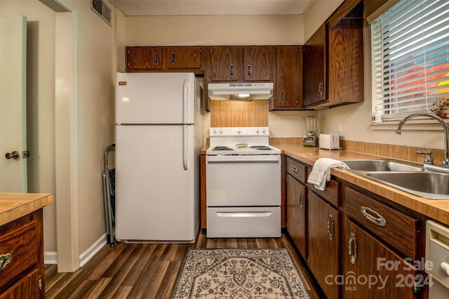 kitchen featuring dark hardwood / wood-style floors, white appliances, and sink