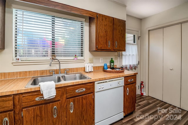 kitchen featuring white dishwasher, dark hardwood / wood-style flooring, and sink