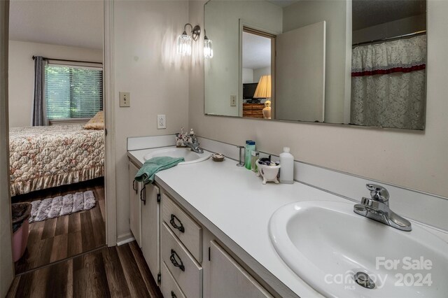 bathroom featuring wood-type flooring and double sink vanity