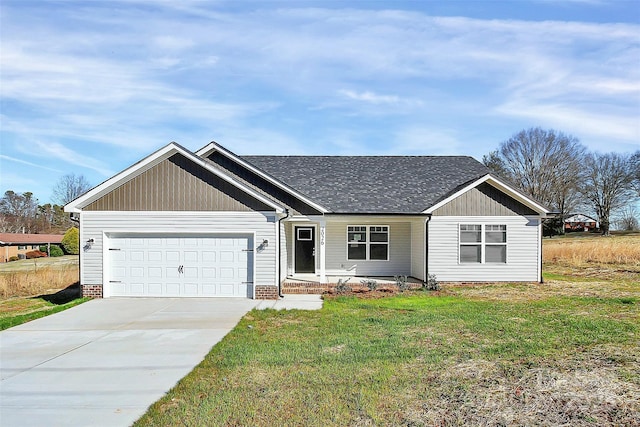 single story home featuring an attached garage, driveway, roof with shingles, and a front yard