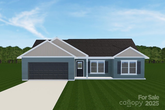 view of front facade with driveway, a front lawn, and a garage
