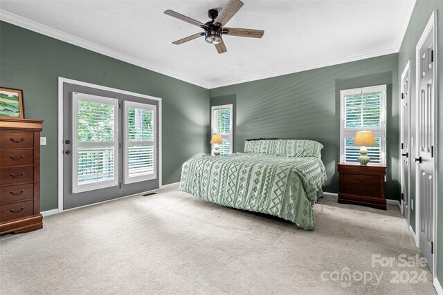 bedroom with light colored carpet, access to exterior, and multiple windows