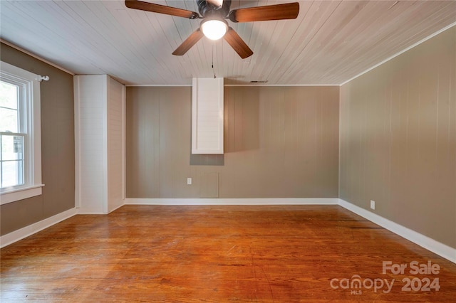 empty room featuring hardwood / wood-style flooring, wooden ceiling, and ceiling fan