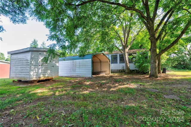 view of yard with a carport and a storage unit