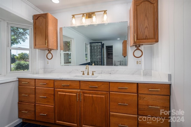 kitchen with light stone counters, ornamental molding, and sink